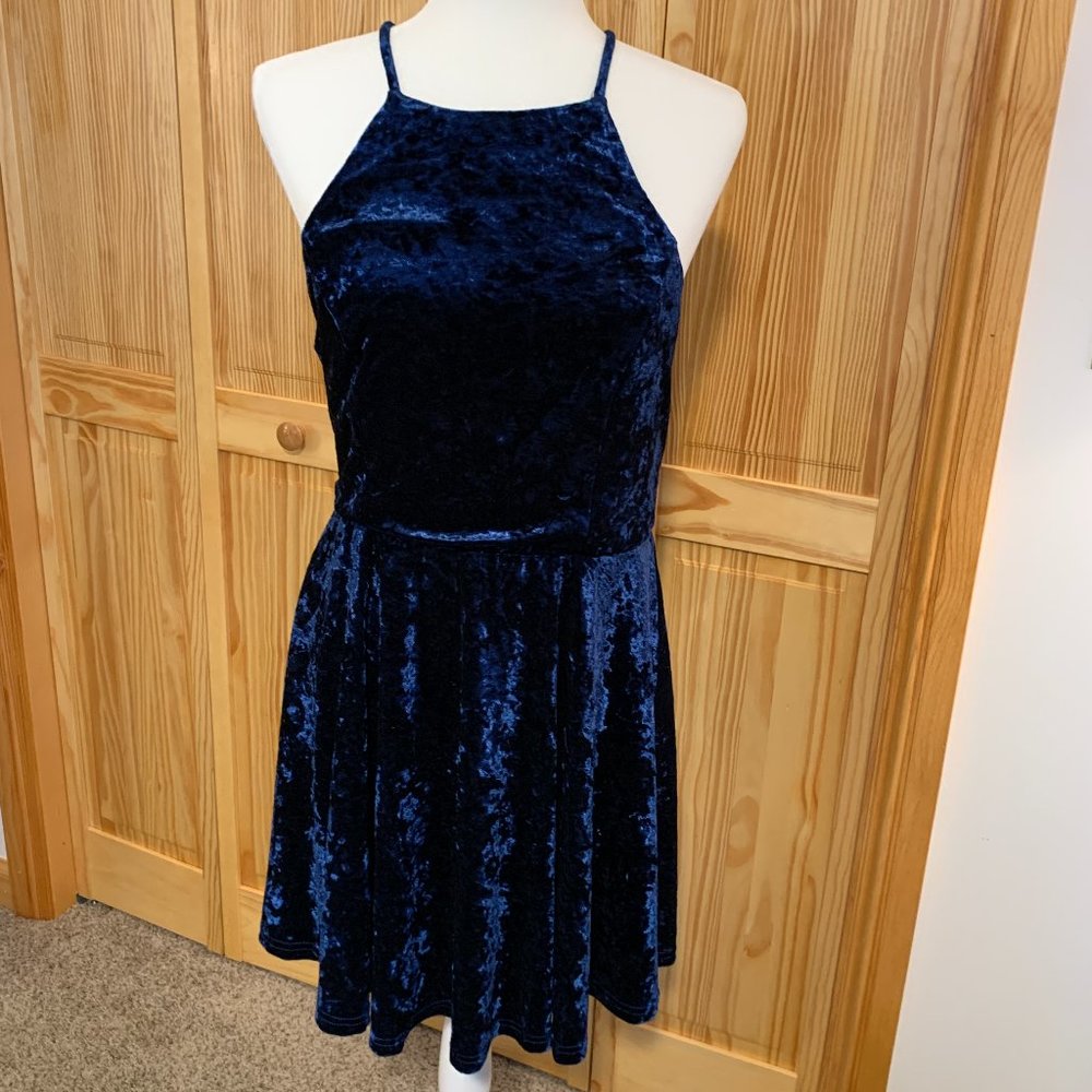 Lulus Backless Blue Velvet Skater Dress
